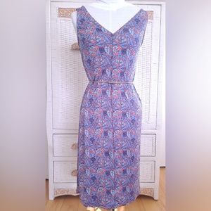 Tory Burch MIDI Dress Fun Print Blue Coral/ Orange Silk Simple Easy to Wear SZ S